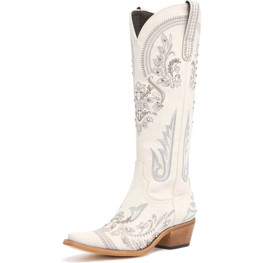 Women's Cream Leather Embroidered Rhinestones Pointed Toe Western Cowgirl Boots